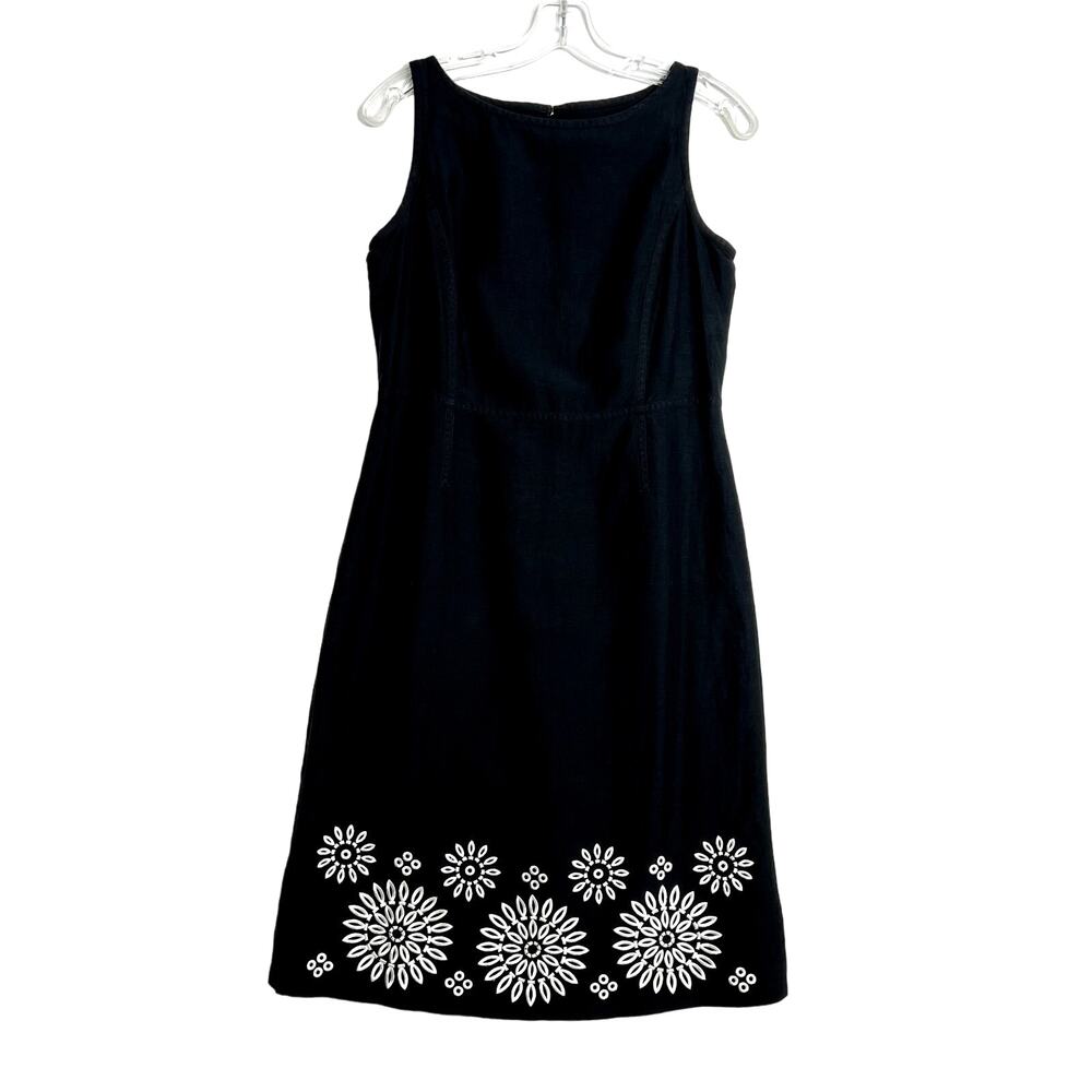 Sigrid Olsen Sleeveless Embroidered Silk Linen A Line Dress Black White Womens 4